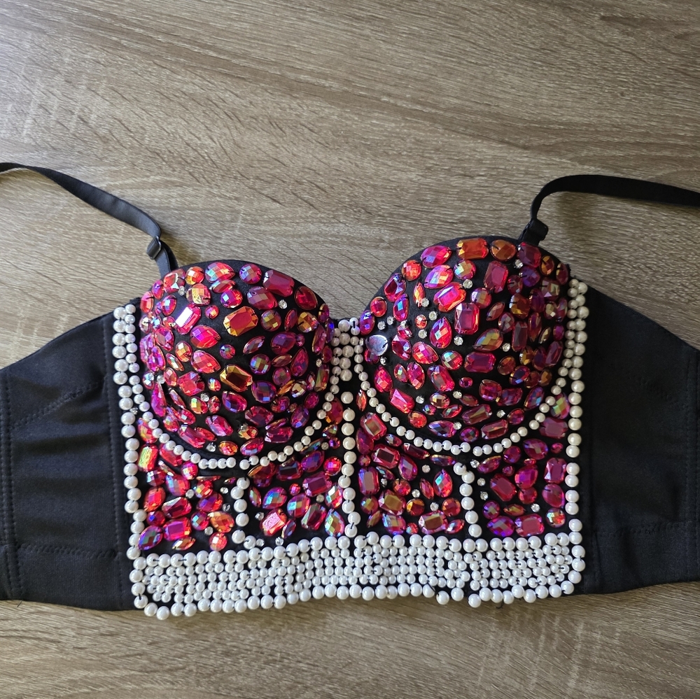 Rhinestone Pearl Bustier Crop Top – Y2K Baddie Corset Style (M/L) - Picture 2 of 5